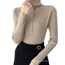 Fashion Winter Sweaters Woman Pullover Turtleneck Button Pocket Solid Color Custom Women Sweater Turtleneck Knitwear